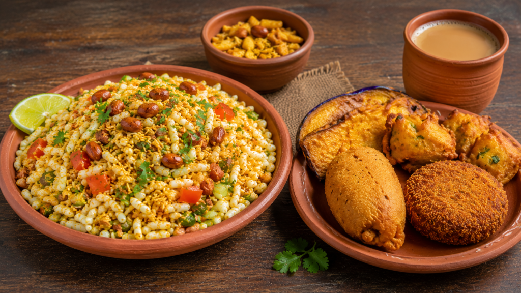 Kolkata street-food style jhal muri and telebhaja with chai